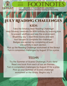 cover of the July 2024 Footnotes newsletter forest graphic background and information about the kids and teen July reading challenges